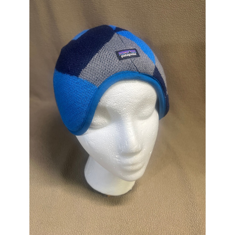 Patagonia Kids Blue Geometric Knit Fleece Lined Earflap Beanie Hat